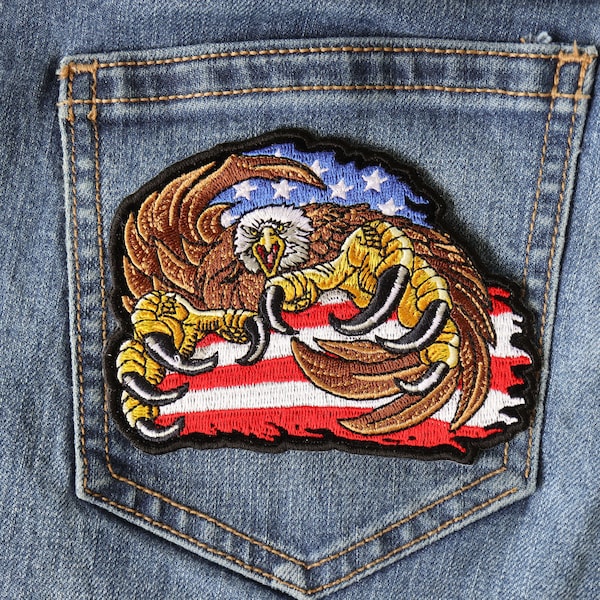 Patriotic Eagle Patch with claws out front of American flag, For Jackets, Jeans, Vests. sew on or iron on, Large or Small sizes.