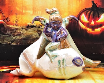 The Mermaid’s Curse of the Machine - Handmade Ceramic Figurine Gothic Horror Decor, Mother of Pearl Luster