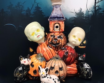 Los gritos del abismo otoñal - Figura de Halloween de cerámica hecha a mano: calabaza gótica, gatos y cabezas de muñeca