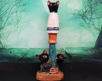 Figura de faro de gato de cerámica hecha a mano: Decoración náutica de la playa de Currituck