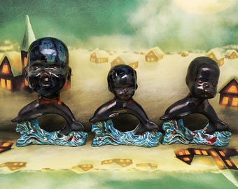 Souls On The Spine - Handmade Ceramic Figurine Trio: Gothic Horror Doll Dolphins