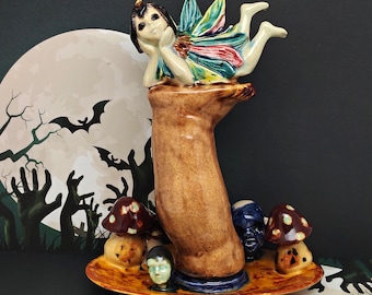 The Pixie’s Casual Trespass - Original Handmade Ceramic Figurine Gothic Horror Fairy Decor