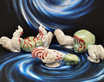 Clucking with Corpses - Handmade Gothic Horror Ceramic Rooster Figurines Set of 3