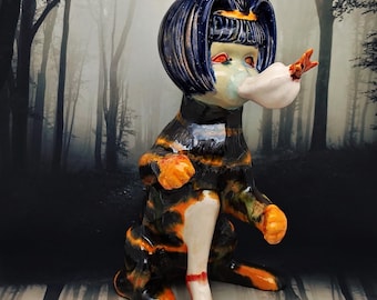 The Wretched Balancer, A Curious Catastrophe - Handmade Gothic Ceramic Cat Figurine: Macabre Halloween Decor