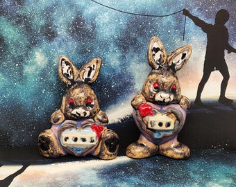 Heartfelt Hostility - The Bunny Confessionals - Handmade Ceramic Figurines: Gothic Horror Halloween Oddities Pair