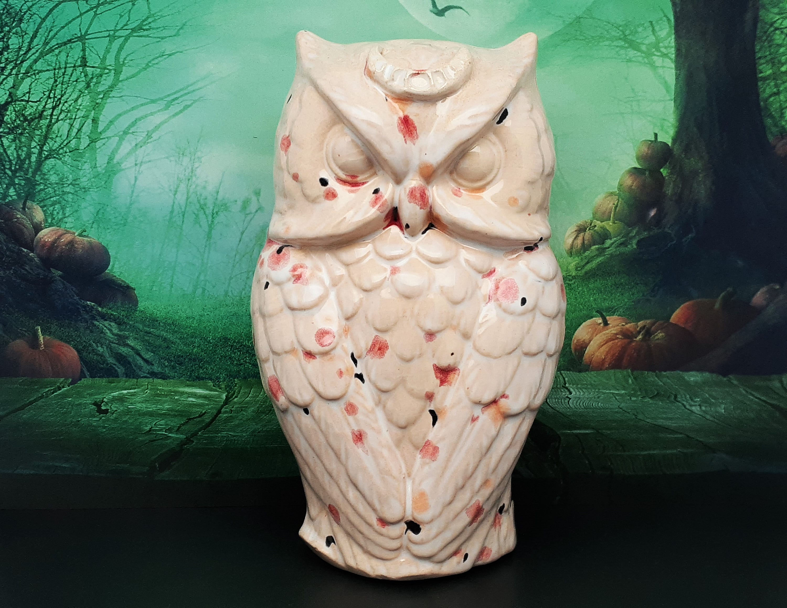 Handmade Ceramic Owl Figurine: Whimsical Polka Dot Folk Art Decor