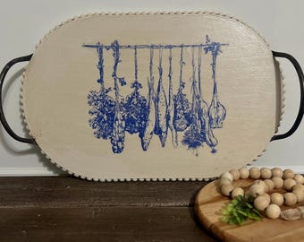 French Country Blue & Cream Serving Tray | Farmhouse Beaded Wood Tray with Handles | Vintage Style Kitchen Decor | Coffee Table Tray