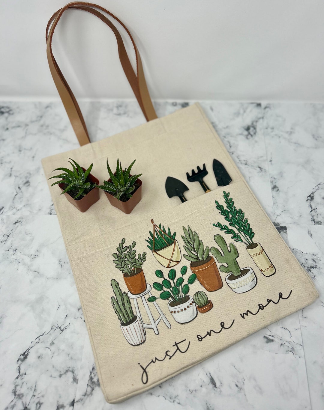 Just One More Plant Succulent Tote Bag With Faux Leather Handle Plant ...