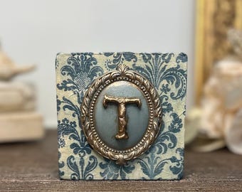 French Country Toile Monogram Shelf Decor |  Custom Name Block Shelf Sitter | Personalized Monogram Gift | Monogram Office Desk Sitter