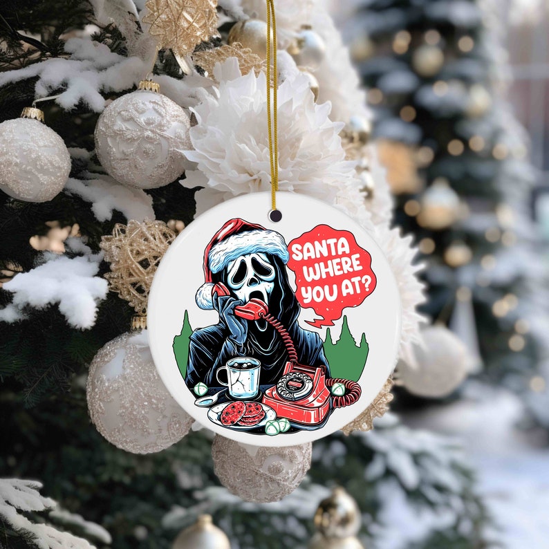 Santa Where You at Ghost Ornament, Retro 90s Horror Christmas Decor