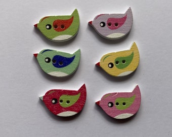 5 x Wooden Painted Bird Buttons