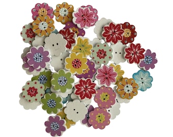 5 x 2cm Wooden Painted Flower Buttons