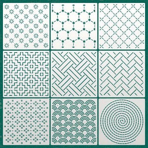 May include: Nine different geometric patterns in white on a teal background. The patterns include a circle, a wave, a diamond, a square, a hexagon, and a few other abstract patterns.