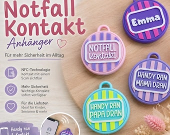 SOS Notfallkontakt Anhänger personalisierbar | NFC mit Notfallkontakt | Handy ran - Kontakt sofort verfügbar | Notfallanhänger für Kinder