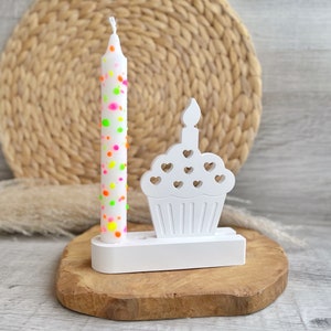 Geburtstagskerze Happy Muffin Kerzenhalter Geburtstag mit Konfettikerze Deko für Geburtstagstisch kleines Geschenk Pustekuchen Kerze image 1
