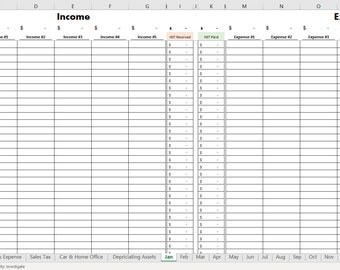 May include: A spreadsheet with a black and white grid. The spreadsheet is divided into two sections, "Income" and "Expenses". The "Income" section has columns for "Income #1", "Income #2", "Income #3", "Income #4", "Income #5", "HST Received", and "HST Paid". The "Expenses" section has columns for "Expense #1", "Expense #2", "Expense #3", "Expense #4", and "Expense #5". The spreadsheet has rows for each day of the month of January.