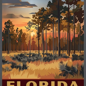 Peut inclure: Une affiche de voyage de style vintage représentant une forêt de pins de Floride au coucher du soleil. L'image comprend le texte "PINE FOREST NEAR LAKE CITY" en haut et "FLORIDA SUNSHINE STATE" en bas, avec une palette de couleurs orange, marron et or.