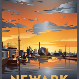 May include: A vintage-style poster featuring the Passaic River in Newark, New Jersey. The artwork depicts an industrial waterfront scene with boats, factories, and a vibrant sunset. The word "NEWARK" is prominently displayed.