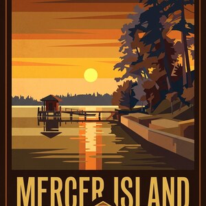 Peut inclure: Une affiche de voyage de style vintage pour Mercer Island, lac Washington. L'image présente un coucher de soleil sur le lac avec une jetée et un petit bâtiment. Le texte en bas se lit "MERCER ISLAND LAKE WASHINGTON". Le texte en haut se lit "Mercer Island, landing stage Lochbrae".