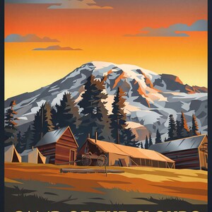 May include: Vintage travel poster featuring a mountain landscape with a snow-capped peak and cabins. The text reads "Economic building" at the top and "Camp of the Clouds Mount Rainier" at the bottom. The color palette includes orange, brown, and blue.