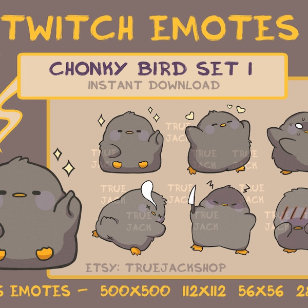 Chonky Bird Emotes SET 1 (black) | Twitch | Discord | YouTube | Cute Chick Kawaii Fat Duck Streamer Emoji Pack