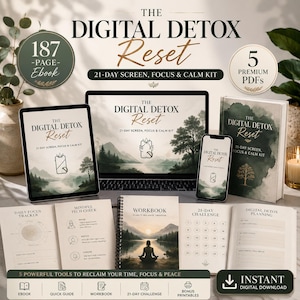 May include: A digital detox kit with a laptop, tablet, smartphone, and a book, all displaying the "Digital Detox Reset" logo. The kit includes a workbook, a 21-day challenge, and other tools to reclaim time, focus, and peace. The color scheme is green and white.