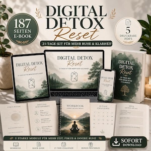 Può includere: Un kit di disintossicazione digitale intitolato "Digital Detox Reset" è mostrato su un laptop, un tablet e uno smartphone. L'immagine include un quaderno di lavoro, una guida rapida e altri materiali stampabili. Il kit promette più pace e chiarezza.