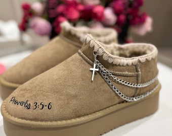 Personalized Bible Verse Slippers – Embroidered Christian Slippers with Custom Scripture, Cozy & Warm Gift for Women | Cross | Bow accessory