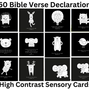 50 Bibel-Versdeklaration HIGH CONTRAST Sensorische Karten, Baby-Bibel, Schwarzweiß-Bibel-Versdruck, Kinderzimmer-Wand-Kunstdrucke, bedruckbar