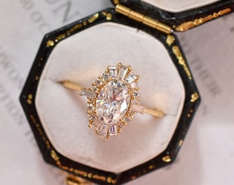 Anillo de compromiso de corte ovalado inspirado en la vendimia, anillo de moissanita ovalada Art Deco, anillo de diamante cultivado en laboratorio de corte ovalado, anillo de aniversario único