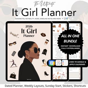 May include: Digital planner bundle with the text "It Girl Planner" and "2026". The cover features an illustration of a woman wearing sunglasses. Includes weekly layouts, stickers, and shortcuts. The bundle is fully hyperlinked and links to Google and Apple calendars.