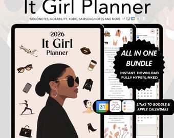 Planificador digital 2026, Planificador IT GIRL, Diario, Semanal, Mensual, Hipervínculos, iPad, GoodNotes, Bienestar, Autocuidado, Productividad, Chica Negra