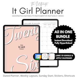 May include: Digital planner with a pink cover that says "Twenty Six" in white script. The planner is labeled "It Girl Planner" and includes a calendar view. The image also includes the text "All in One Bundle" and "Instant Download".