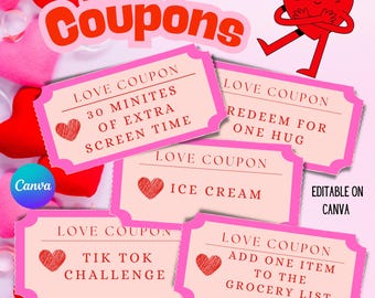 Cupones de amor editables, regalo de San Valentín, libro de cupones imprimible (plantilla de Canva)
