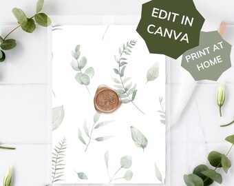 Op de afbeelding: Een printbare kaartensjabloon met een aquarelontwerp van groene bladeren en een waszegel. De tekst "Edit in Canva" en "Print at Home" is zichtbaar op de kaart.