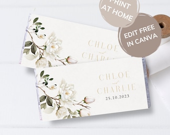 Magnolia Flower Hershey Bar Wrapper Digital Template, White Floral Wedding Stationary, Blush Pink Flowers, Elegant Greenery - MAG
