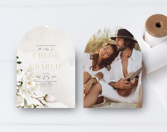 Magnolia Flower Arch Photo Double Sided Wedding Invitation Digital Template, White Floral Wedding Stationary, Blush Pink Flowers - MAG