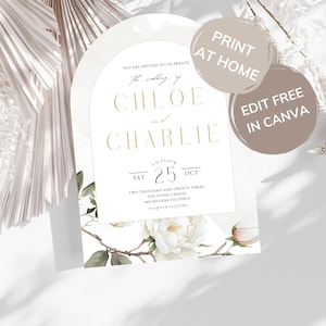 Magnolia Flower Arch Wedding Invitation Digital Template, White Floral Wedding Stationary, Blush Pink Flowers, Elegant Greenery Invite - MAG