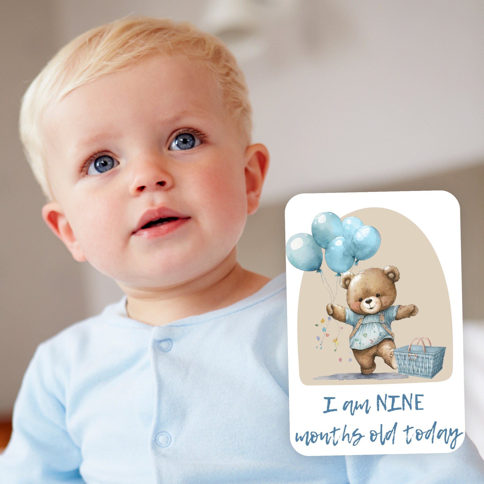 Blue Teddy Bear Milestone Cards Digital Template, Baby Boy Milestone ...