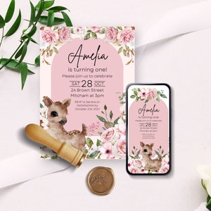 Pink Deer Birthday Invitation 5x7&quot; Digital Template INSTANT DOWNLOAD Woodland Forest Floral Deer Girly Whimsy Birthday Roses Pretty - PDR