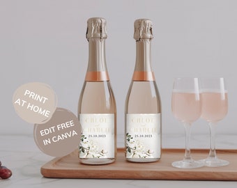 Magnolia Flower Wine Bottle Label 3x4" Digital Template, White Floral Wedding Stationary, Blush Pink Flowers, Elegant Greenery - MAG