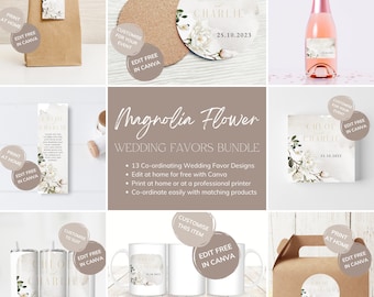 Magnolia Flower Wedding Favors Bundle Digital Templates, White Floral Wedding Stationary, Blush Pink Flowers, Elegant Greenery - MAG