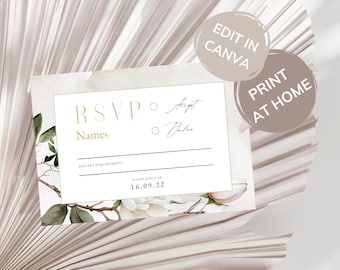 Magnolia flor boda RSVP tarjeta plantilla digital, estacionario de boda floral blanco, flores rosas rubor, elegante estacionario de vegetación - MAG