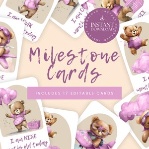 Modello digitale di carte di pietra miliare dell'orsacchiotto rosa, carte di pietra miliare per bambina, regalo per bambini, carte di pietra miliare stampabili, carte del mese del bambino - PBB