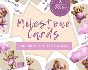 Pink Teddy Bear Milestone Cards Digital Template, Baby Girl Milestone Cards, Baby Gift, Printable Milestone Cards, Baby Month Cards - PBB