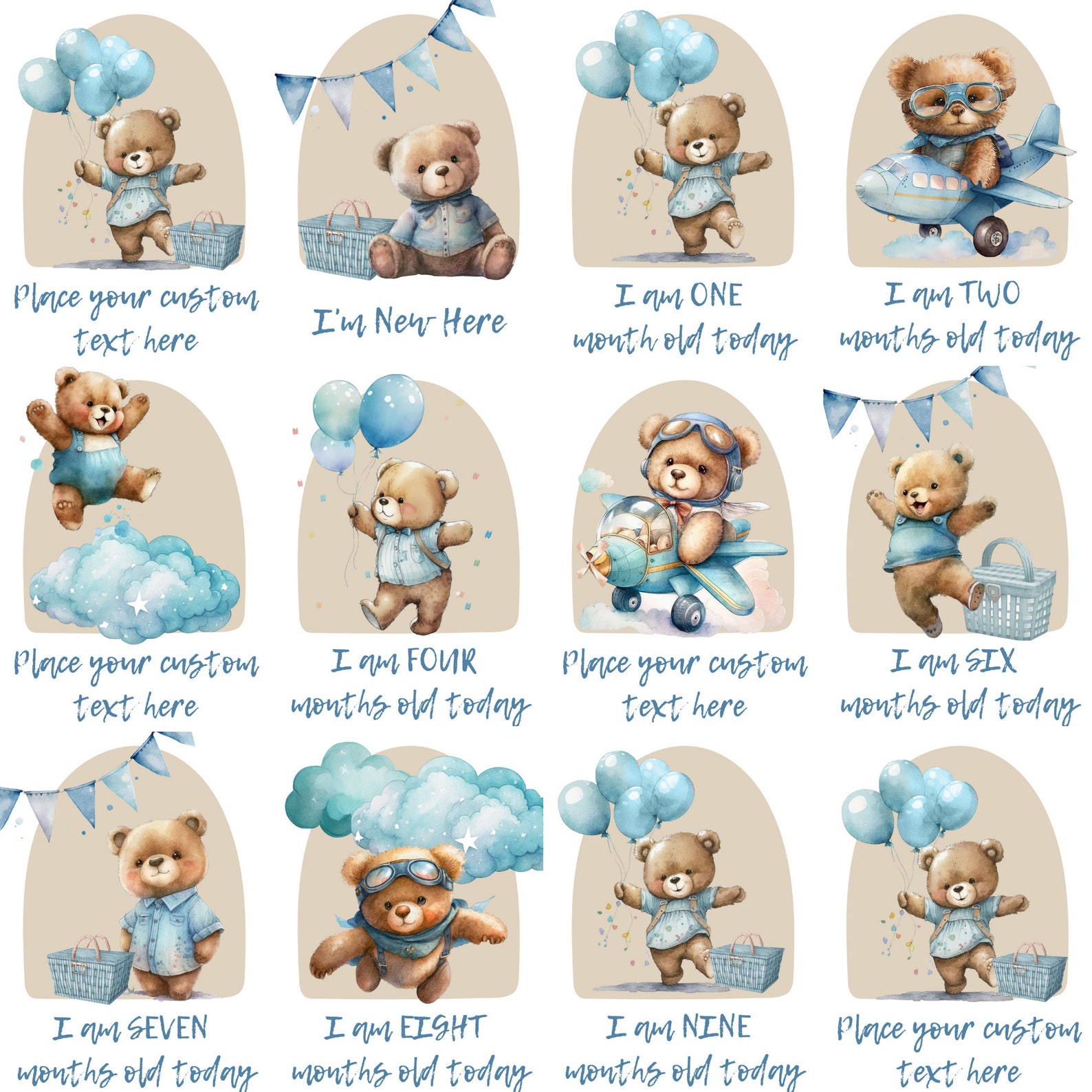 Blue Teddy Bear Milestone Cards Digital Template, Baby Boy Milestone ...