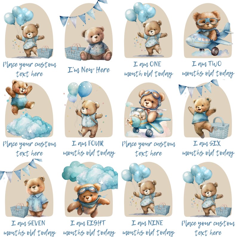 Blue Teddy Bear Milestone Cards Digital Template, Baby Boy Milestone ...