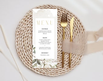 Magnolia Flower Simple Menu Digital Template, White Floral Wedding Stationary, Blush Pink Flowers, Elegant Greenery, Food Signage - MAG