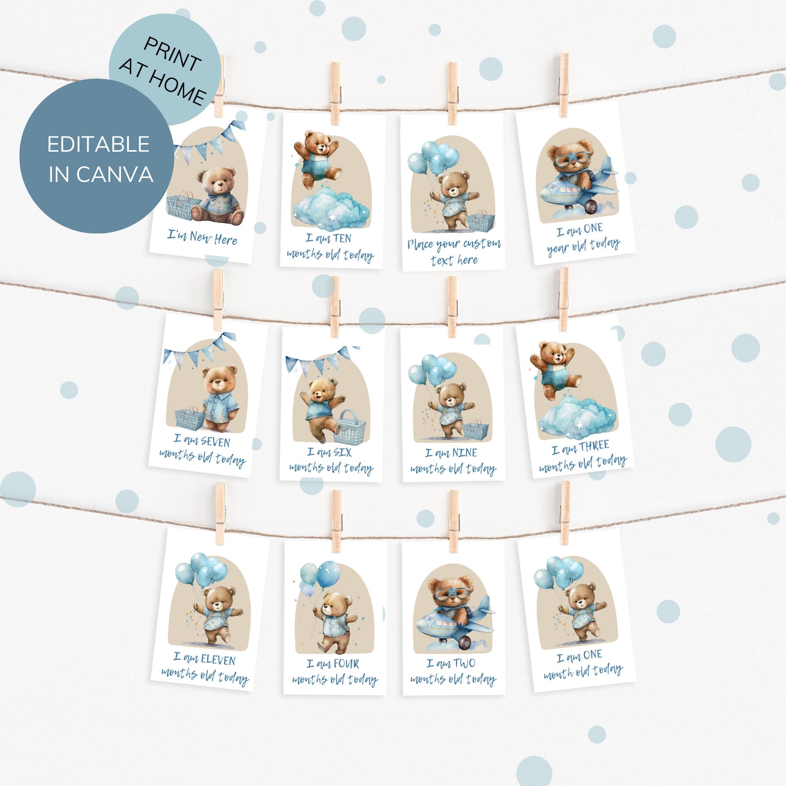 Blue Teddy Bear Milestone Cards Digital Template, Baby Boy Milestone ...