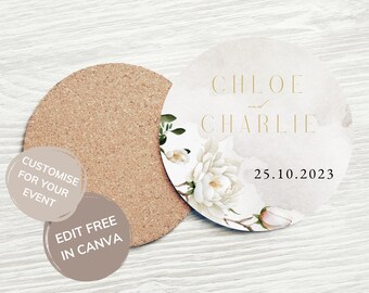 Magnolia Flower Round Coaster Digital Template, White Floral Wedding Stationary, Sublimation, Wedding Favors, Gifts for Guests - MAG